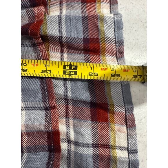 Lucky Brand Flannel Shirt Ruffle L Burgundy & Grey Plaid Peplum Ruffle Button B8 - Picture 9 of 9